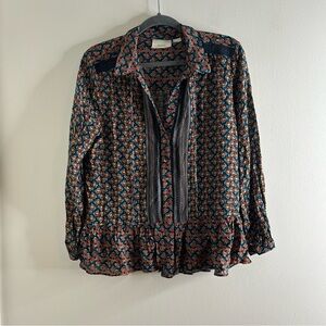 Anthropologie Maeve Janie Peasant Top Flounce Button Front Blue Red Boho 12P
